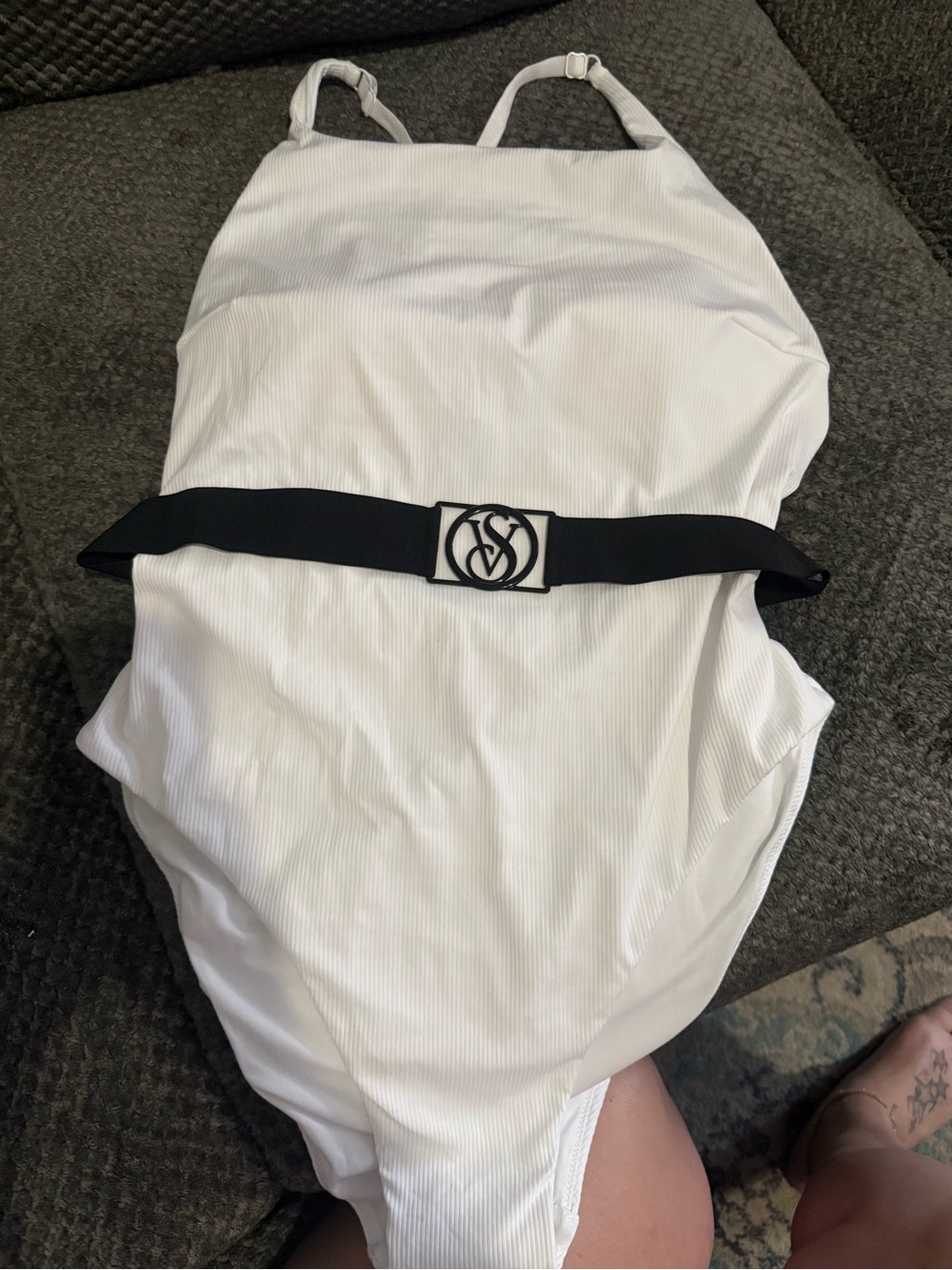 Victoria’s Secret White Ribbed One-Piece Swimsuit with Black VS Logo Belt